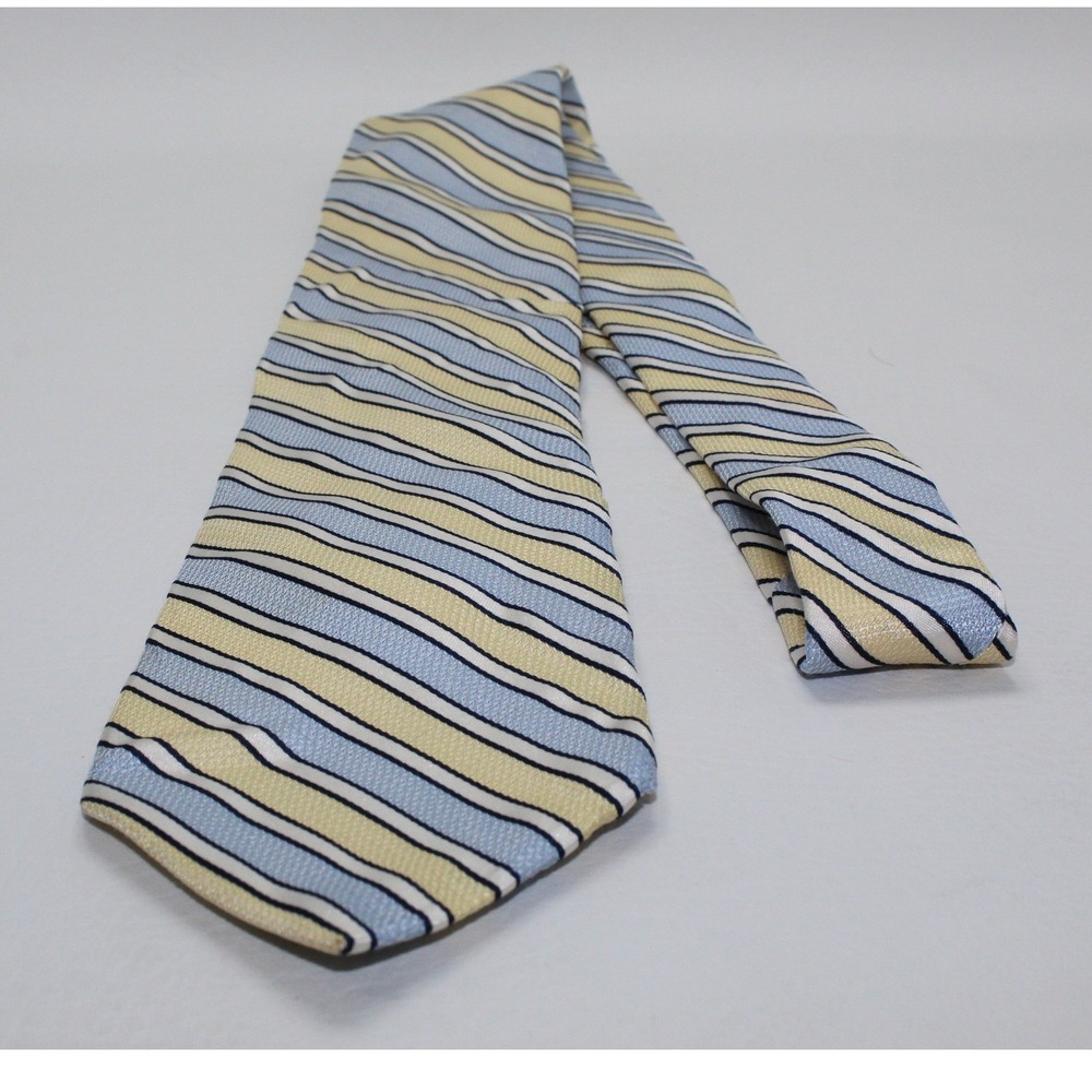 Nordstrom Mens‎ Silk Tie Blue Yellow Cream Striped Made in USA 3.25 Inch Width